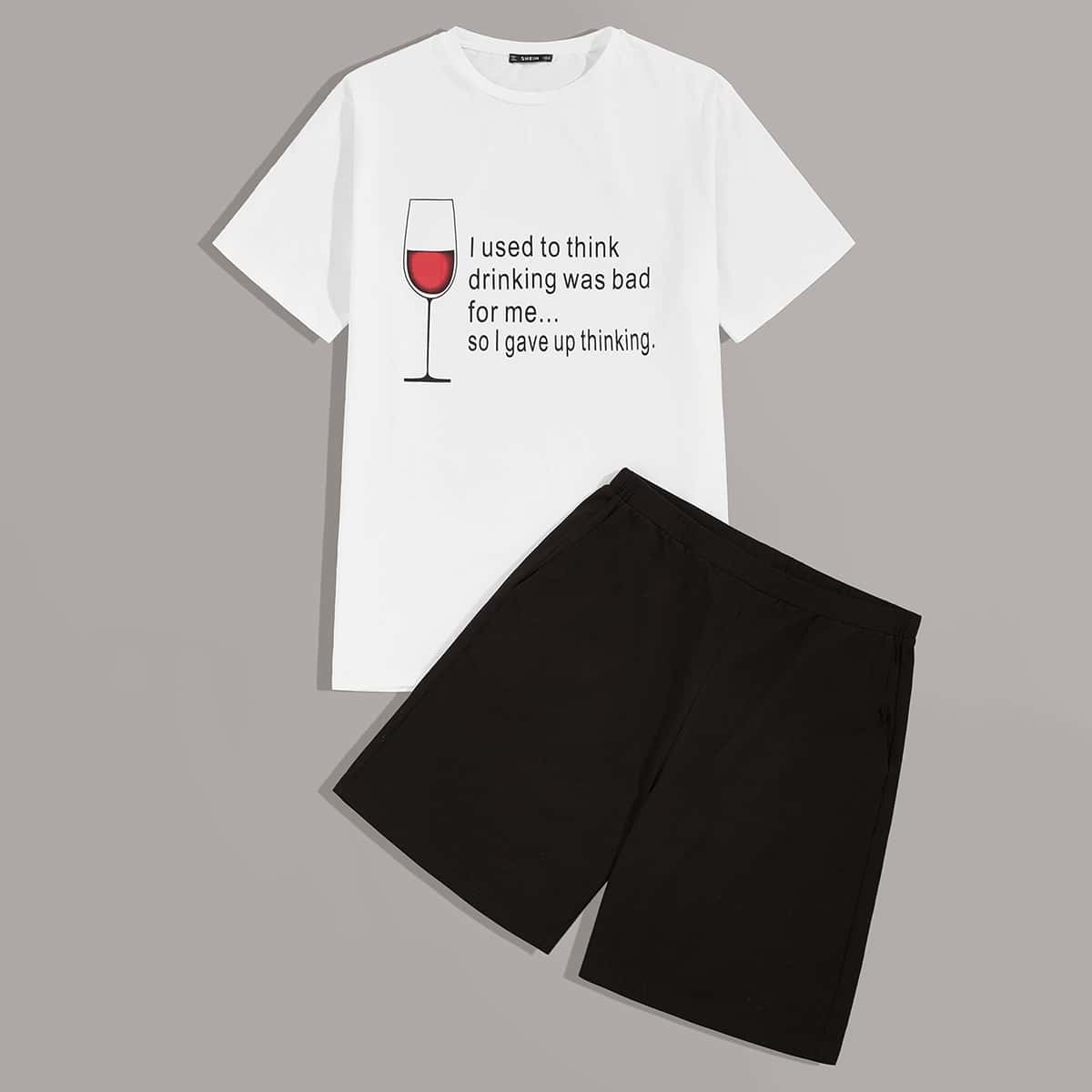 

Guys Slogan Graphic Top & Shorts PJ Set, Black and white