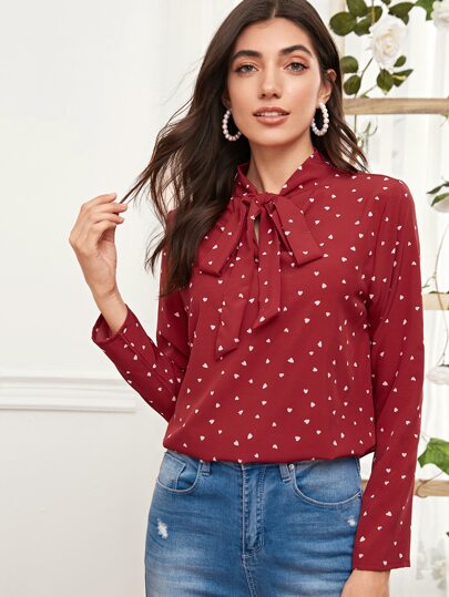 Tie Neck Confetti Heart Print Blouse