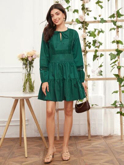 Lace Panel Ruffle Hem Smock Dress