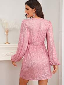 SHEIN 燈籠袖圍裹腰帶亮片連衣裙 - 粉色 - 查看 2