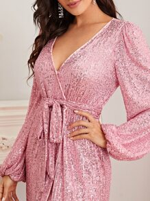 SHEIN 燈籠袖圍裹腰帶亮片連衣裙 - 粉色 - 查看 3