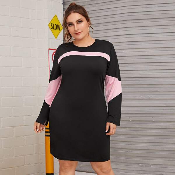 

Plus Contrast Panel Keyhole Back Tee Dress, Black