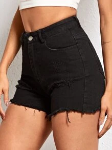 Shorts mezclilla rotos bajo crudo - Negro - Ver 4