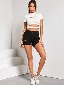 Shorts mezclilla rotos bajo crudo - Negro - Ver 5