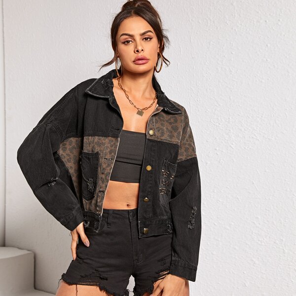 

Contrast Panel Letter Embroidered Back Denim Jacket, Black