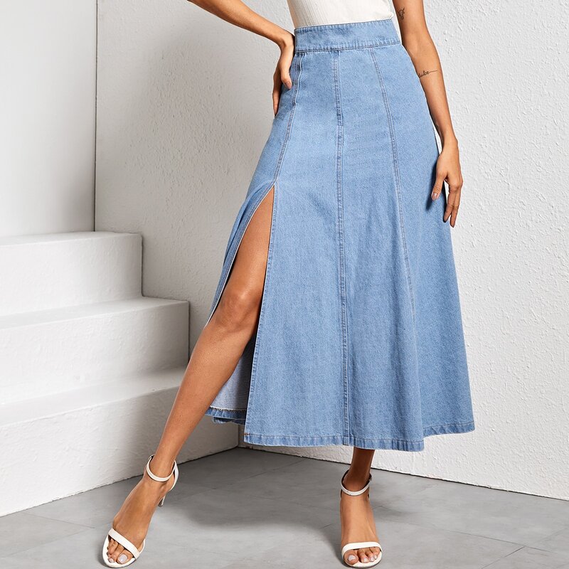

Solid Split Thigh Denim Skirt, Blue