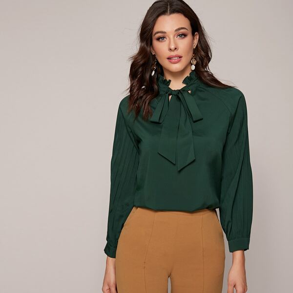 

Solid Frill Tie Neck Blouse, Green
