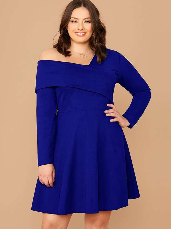 

Plus Foldover Asymmetrical Neck Flare Dress, Blue, Marcelle Pallais