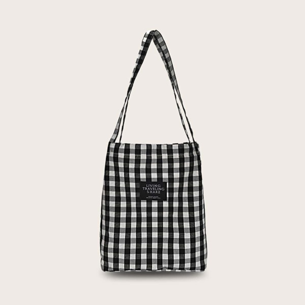 

Letter Patch Decor Gingham Tote Bag, Black and white