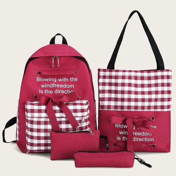

4pcs Gingham Bow Decor Backpack With Pencil Case, Red
