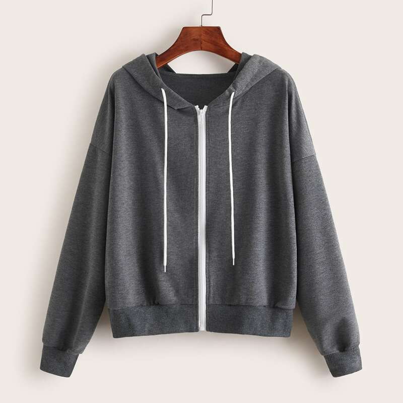 

Drawstring Zip Up Hooded Sweatshirt, Grey