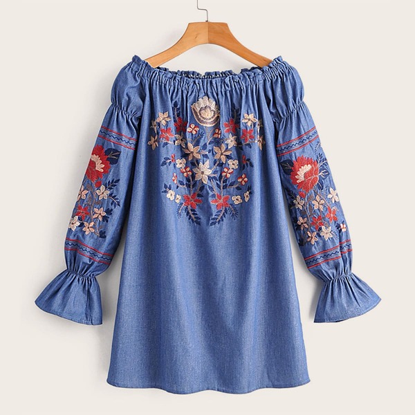 

Floral Embroidery Bardot Flounce Sleeve Tunic Denim Dress, Blue