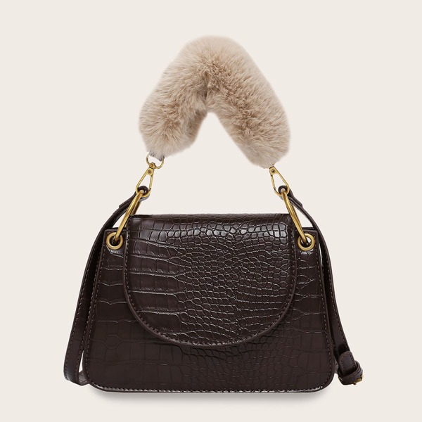 

Faux Fur Handle Croc Embossed Satchel Bag, Brown