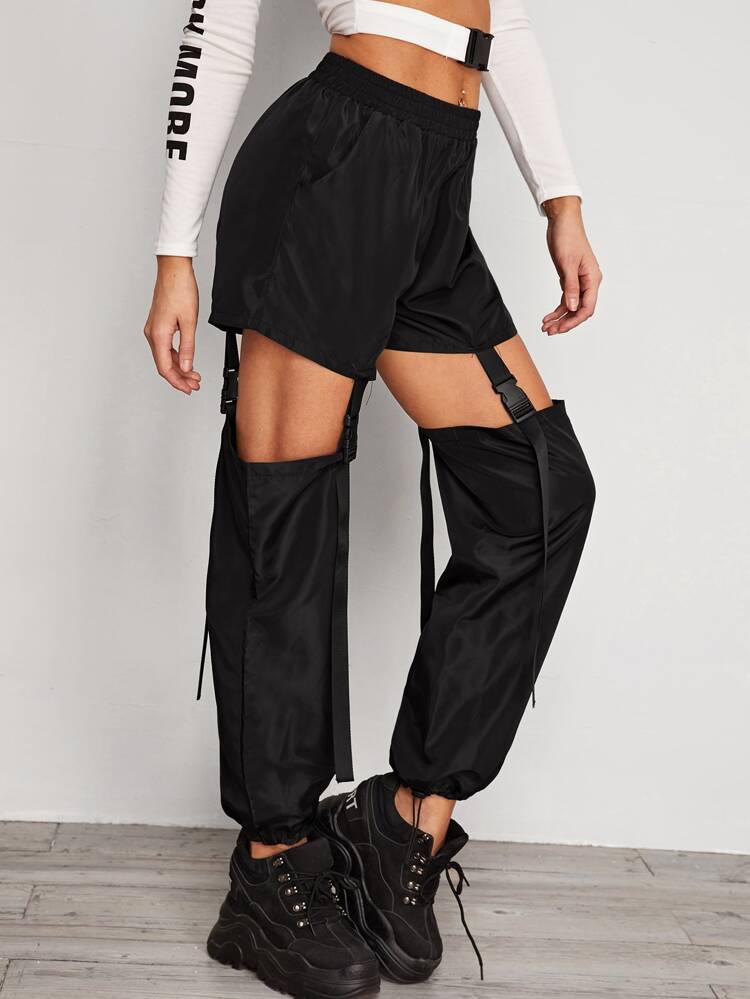 Drawstring Hem Push Buckle Strap 2 Way Wind Pants | SHEIN Drawstring Hem Push Buckle Strap 2 Way Wind Pants | SHEIN