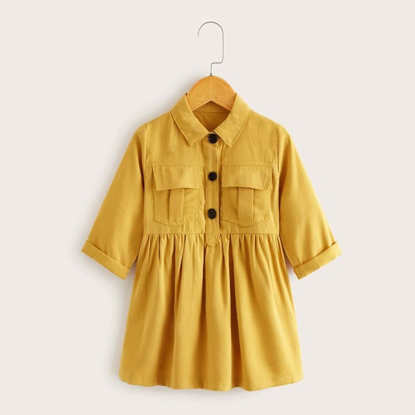 

Toddler Girls Half Button Flap Pockets Shirt Dress, Yellow
