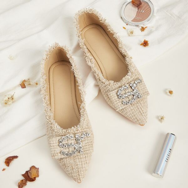 

Rhinestone Decor Point Toe Flats, Beige