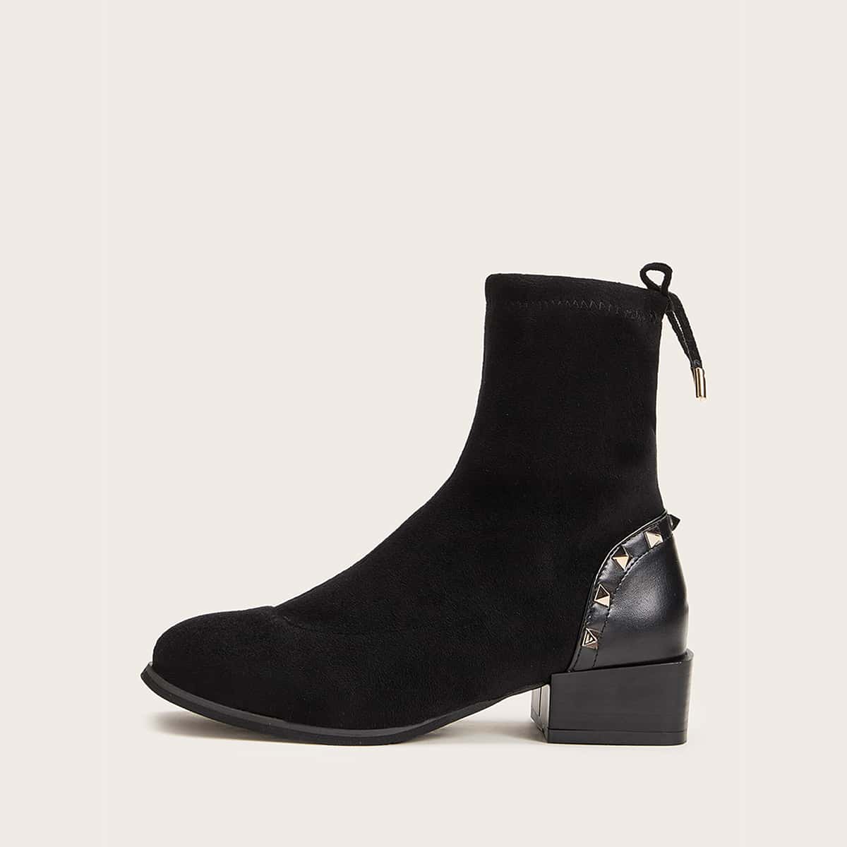 

Studded Decor PU Panel Sock Boots, Black