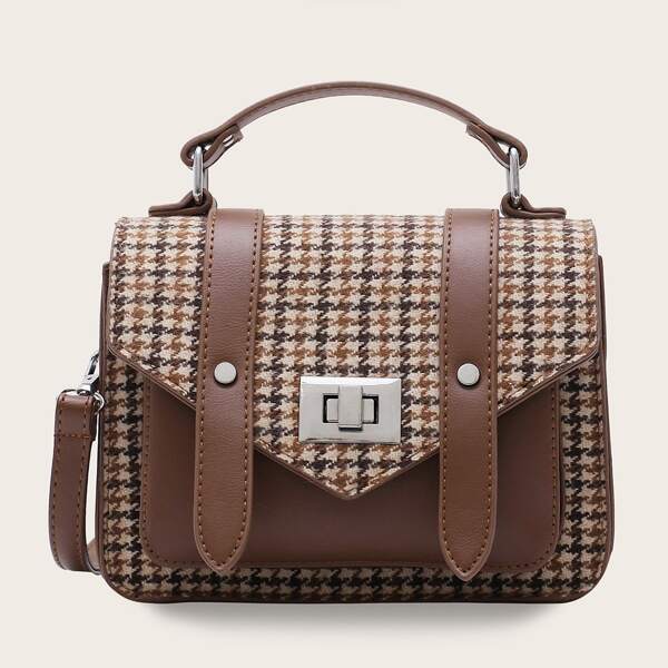 

Twist Lock Houndstooth Flap Satchel Bag, Multicolor