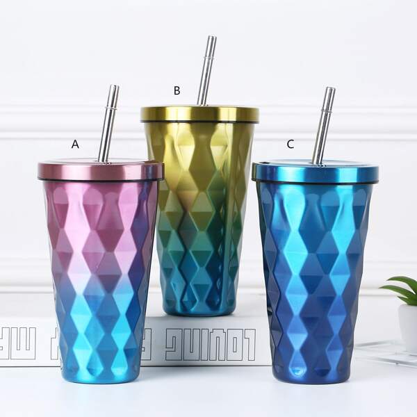 

1pc Diamond Lattice Pattern Metallic Straw Bottle, Multicolor