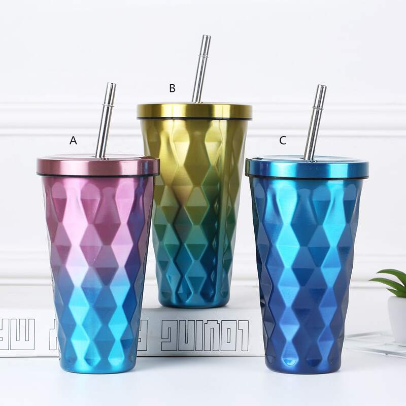

1pc Diamond Lattice Pattern Metallic Straw Bottle, Multicolor