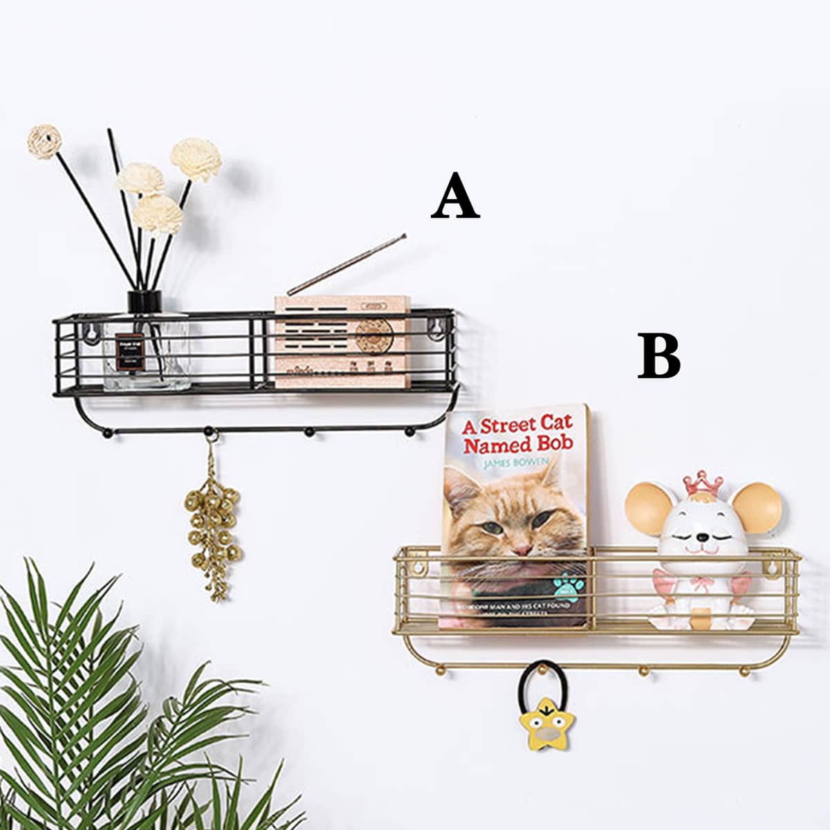 

1pc Wall Mount Iron Storage Rack With 4pcs Hook, Multicolor
