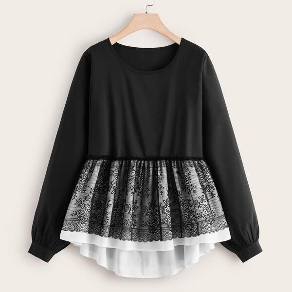 

Plus Lace Panel Ruffle Hem Blouse, Black