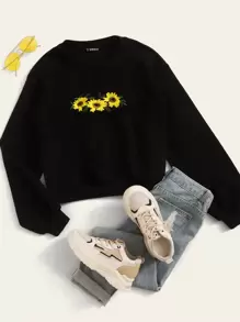 Muchica Embroidered Sunflower Pullover - Black - View 1