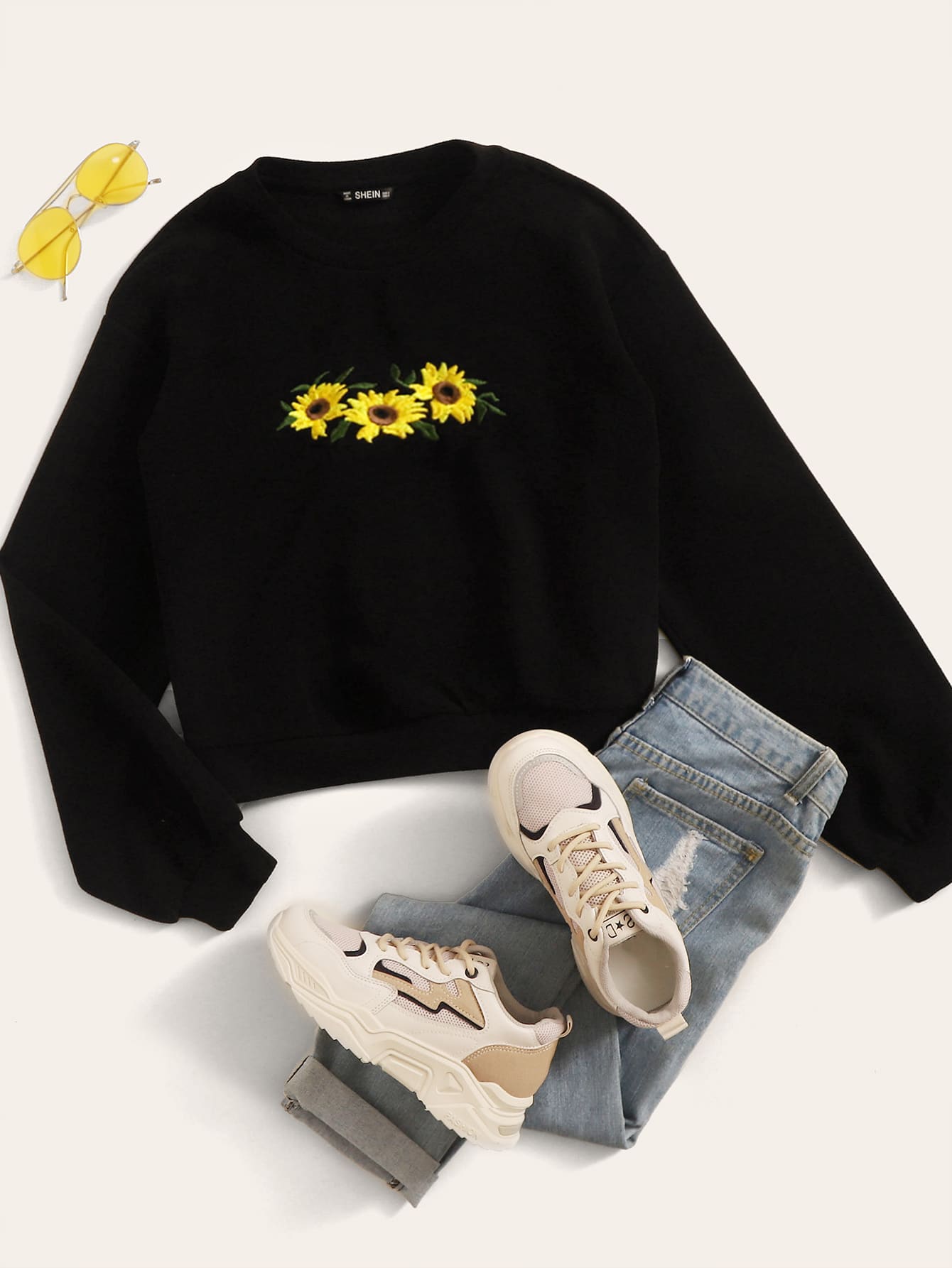 Muchica Embroidered Sunflower Pullover - Black - View 1
