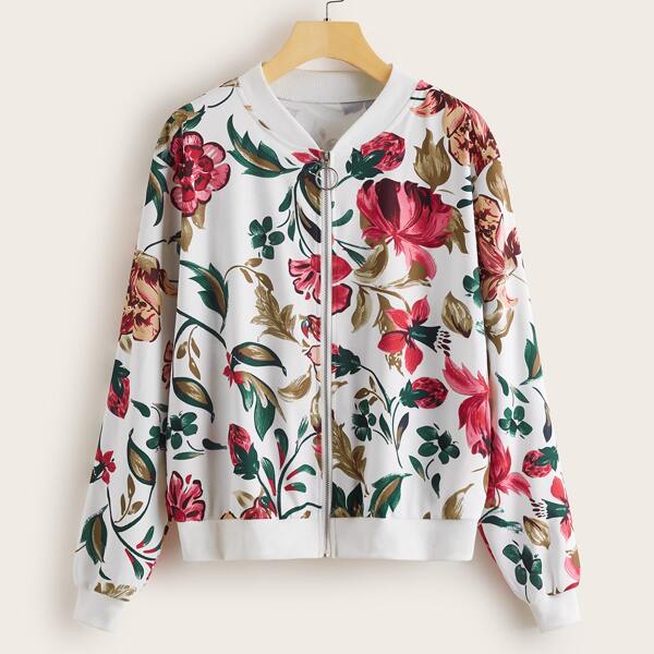 

Floral Print Zip Through Bomber Jacket, Multicolor
