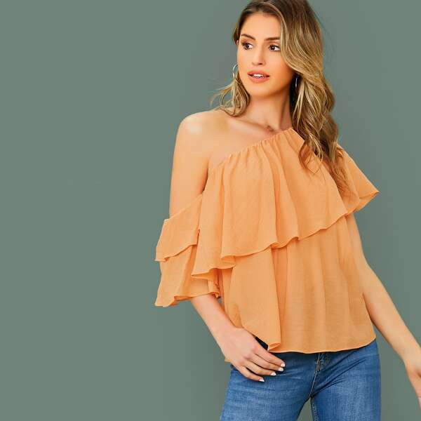 

One Shoulder Ruffle Top, Orange