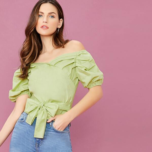 

Off Shoulder Puff Sleeve Waist Tie Top, Green