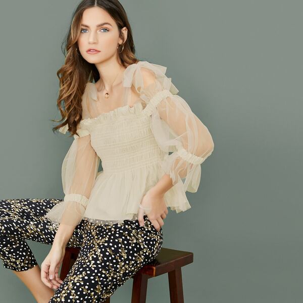 

Cold Shoulder Ruched Ruffle Smocked Tulle Top, Beige