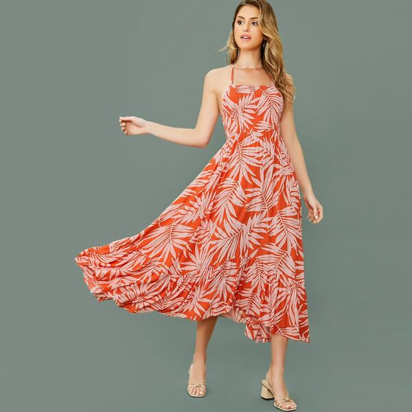 

Leaf Print Sleeveless Handkerchief Hem Maxi Dress, Multicolor