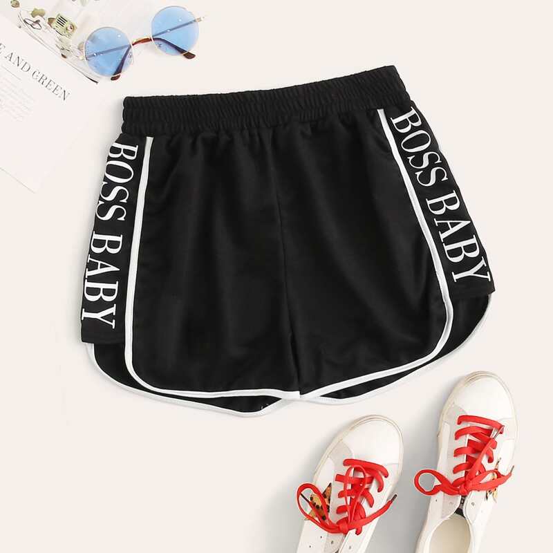 

Letter Graphic Contrast Binding Track Shorts, Black