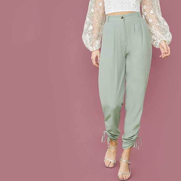 

Shirred Tie Hem Tapered Leg Pants, Green
