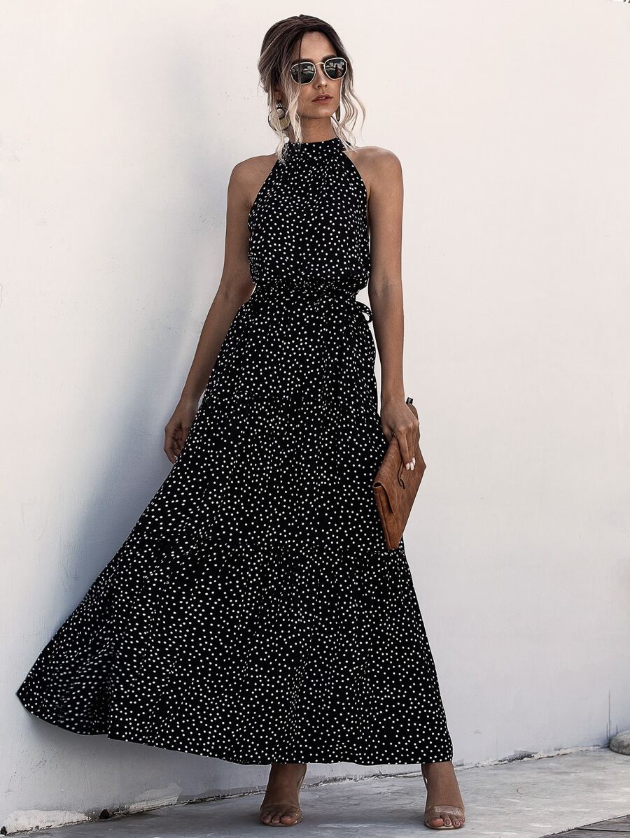 SHEIN LUNE Self Tie Polka Dot Maxi Halter Dress - Black - View 1