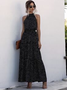 SHEIN LUNE Self Tie Polka Dot Maxi Halter Dress - Black - View 6