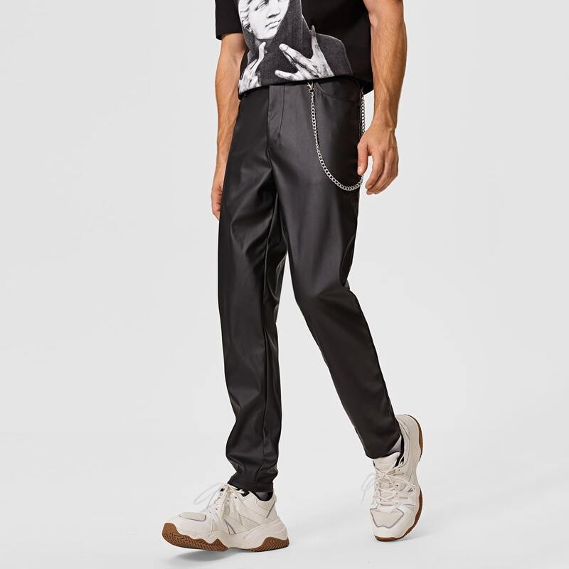 

Guys Slant Pocket Faux Leather Pants With Chain, Black