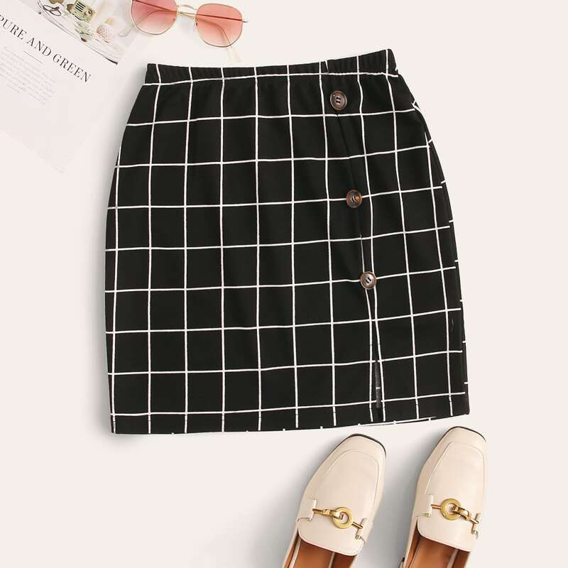 

Plaid Button Front Mini Skirt, Black