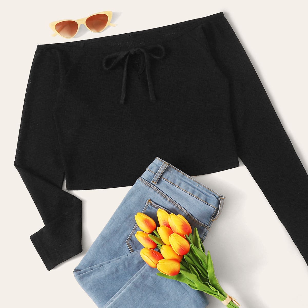 

Bardot Knot Front Solid Crop Tee, Black