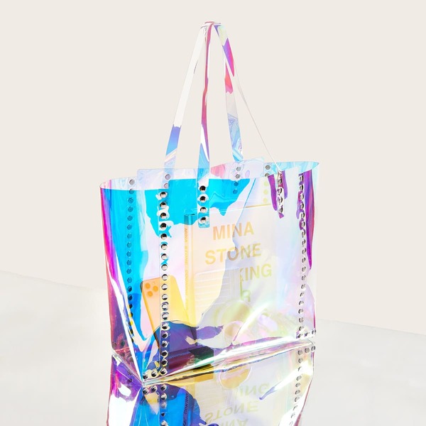 

Holographic Studded Decor Tote Bag, Multicolor