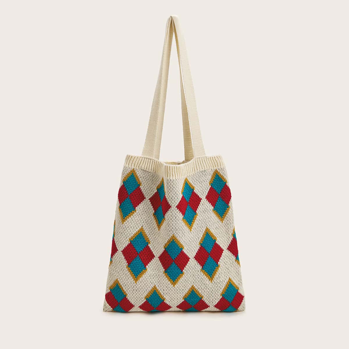 

Colorblock Geometric Knit Tote Bag, Multicolor