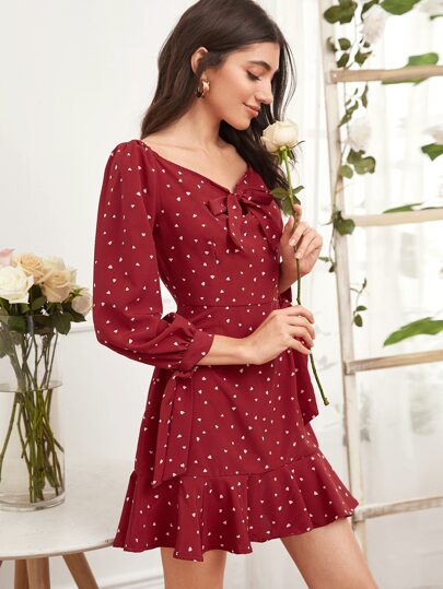 Tie Front Ruffle Hem Confetti Heart Fitted Dress