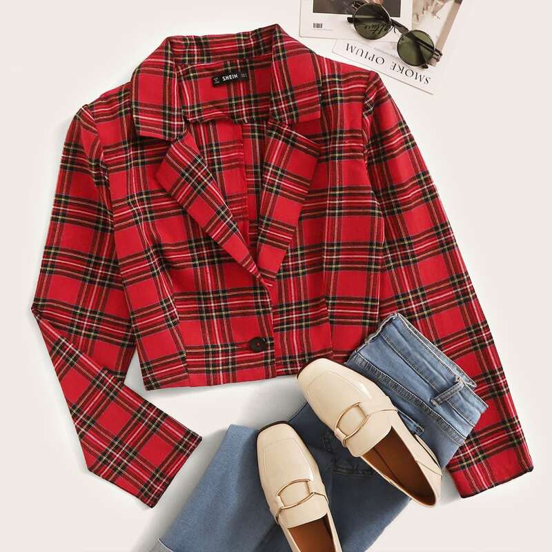 

Notch Collar Single Button Tartan Crop Blazer, Red