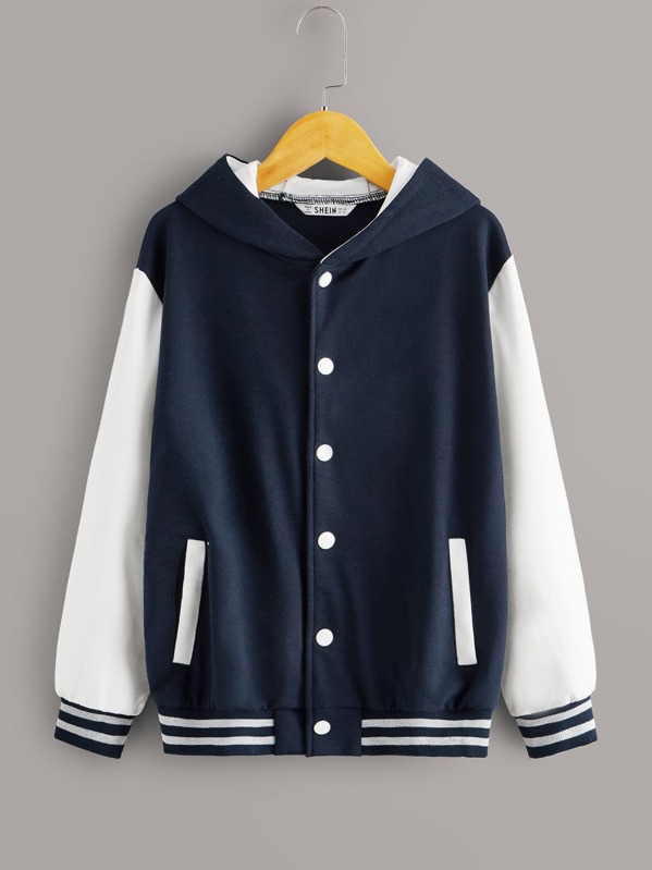 

Boys Striped Trim Two Tone Button Up Hooded Jacket, Navy