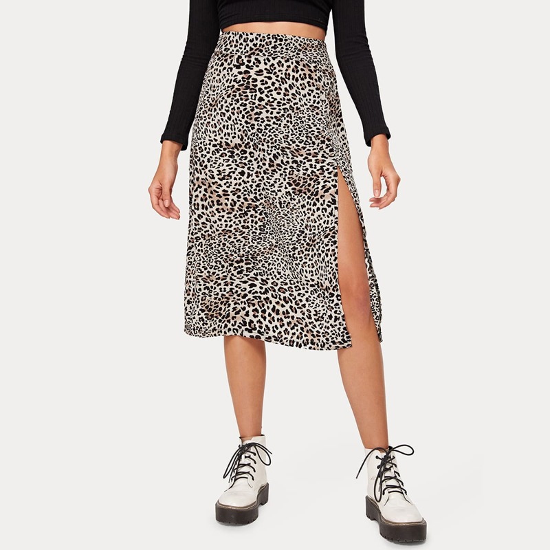

Leopard Print Split Thigh Midi Skirt, Multicolor