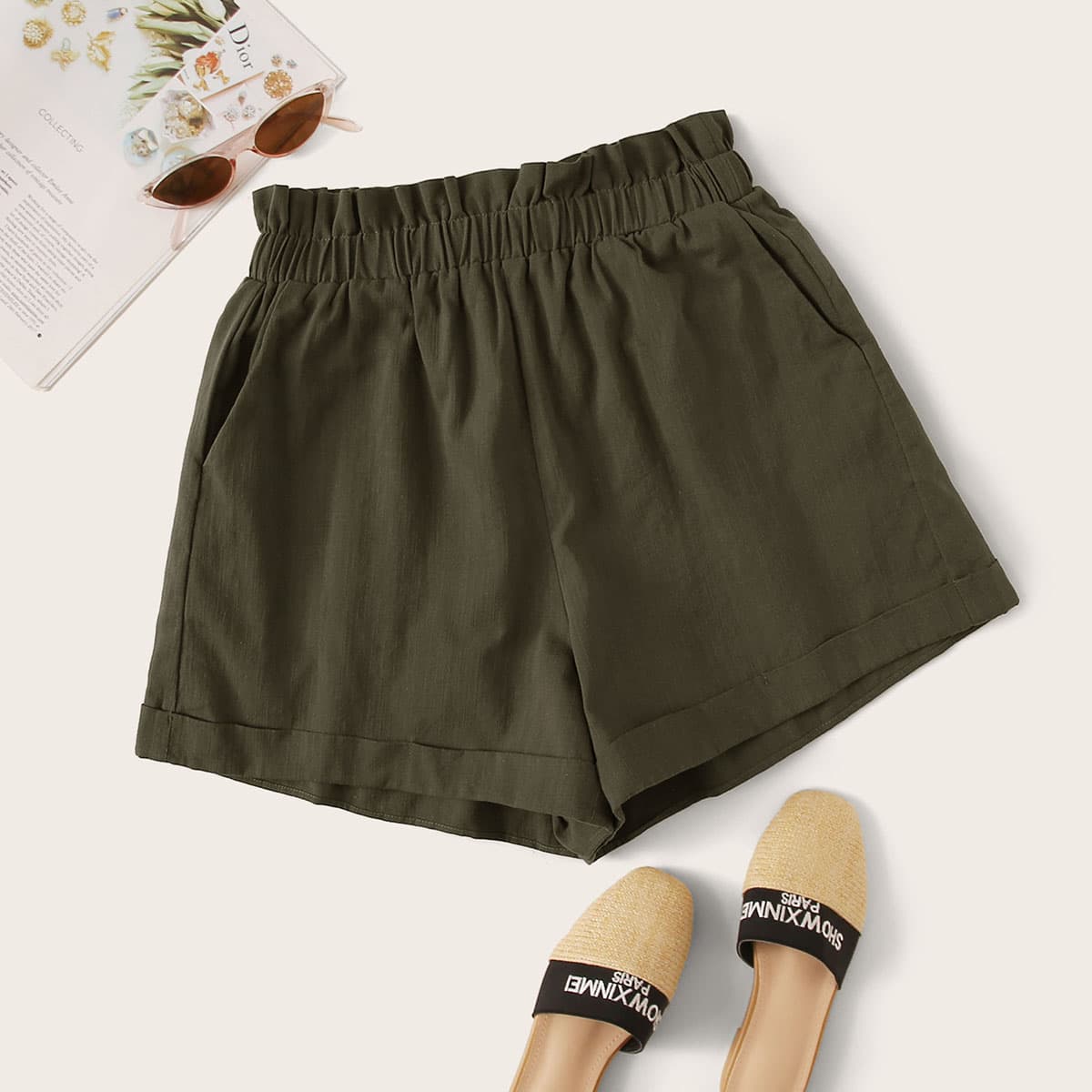 

High-Rise Paperbag Waist Shorts, Army green