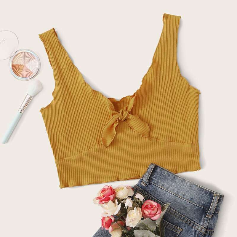 

Knot Front Lettuce Trim Rib-knit Crop Tank Top, Mustard yellow