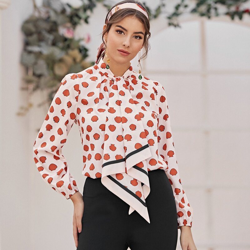 

Allover Print Tie Neck Top, Multicolor