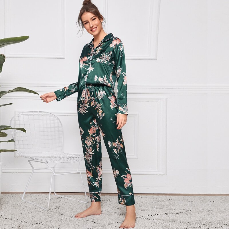 

Floral Print Satin PJ Set, Green